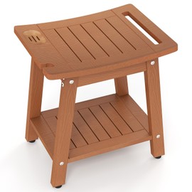 Giantex Shower Bench HIPS Waterproof - Bath Spa Seat with Storage Shelf, Soap Dish, Towel Bar, Heavy Duty Shower Stool Foot Rest Step for Shaving Legs, Seniors Bathroom Stool (Brown)