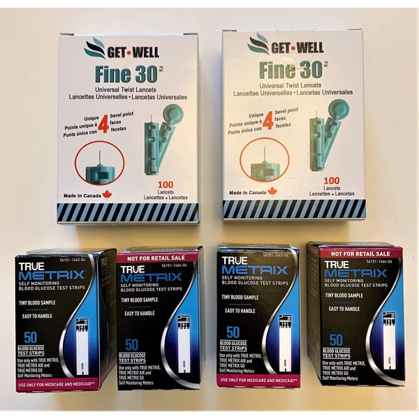 GET•WELL Fine 30g Universal Twist Lancets 200 Ct. - Made in Canada ! Unique Quad Bevel Tip Offers Quick Healing & Less Pain ! 200 Ct. Blood Glucose Test Strips