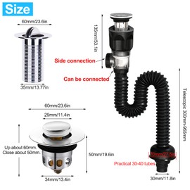 Siphon with Drain Fitting, Sink Plug Closure, Syphon Bathroom Sink, Space-Saving Siphon Kitchen Sink, 300-955 mm Can Be Expanded