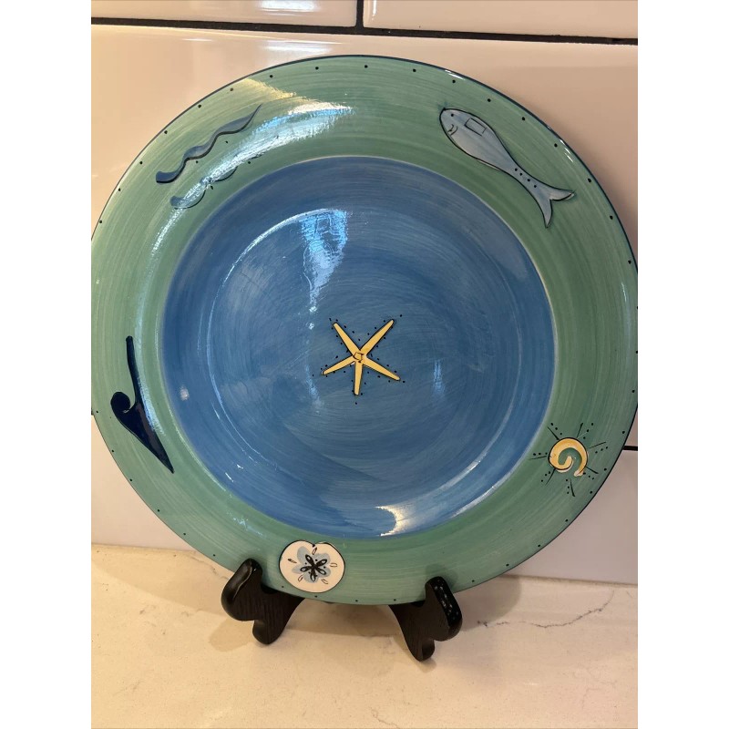 K.I.C. Fish Shells Waves Sun Starfish Green Rim Blue Dinner