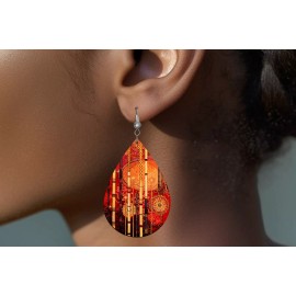 Twisted R Design Red and Gold Dreams Wood Dangle Teardrop Print Earrings Jewelry