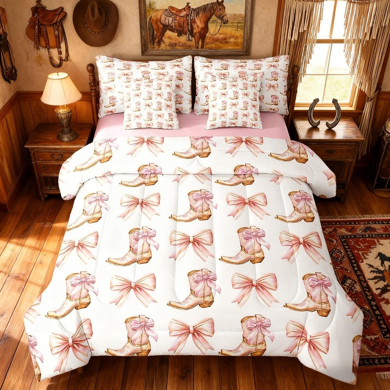 7 Pieces Western Cowgirl Comforter Set Full,Pink Bowknot Cowgirl Boots