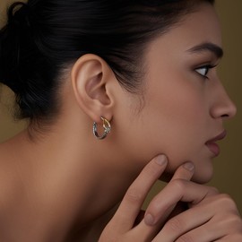 LeCalla 925 Sterling Silver C Hoop Earrings for Women | SMALL 14K Gold-Plated Classic Two-Tone Textured Half Hoop Earrings - 21MM