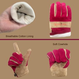 AOUCHI Leather Work Gloves for Women with Cotton Lining, Medium Thorn Proof Cactus Gardening Yard Work Gloves for Rose Pruning, TIG/MIG Welding, Construction, Driving (Rose Red, Large)