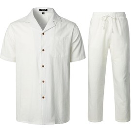 JEMITOP Men's 2 Piece Linen Outfits Summer Walking Suit Casual Cuban Guayabera Button Down Shirt and Pants Set Beach Vacation White XL