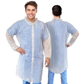 AMZ Medical Supply White Disposable Lab Coat, X-Large. 5 Pack 35 GSM Polypropylene Fabric Medical PPE Coat. Knee-Length Disposable Lab Coats with Elastic Wrists, Loop Fasteners, No Pockets