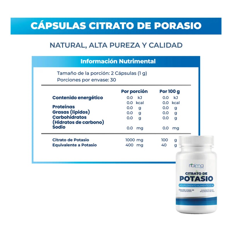 Citrato de Potasio –120 cápsulas. Suplemento mineral que apoya el