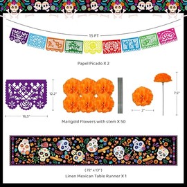Decoraciones para el Día de los Muertos y Ofrenda para Altar, 2 piezas de Papel Picado, Camino de mesa mexicano de lino, Guirnalda de 50 caléndulas pa