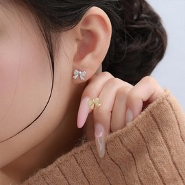 Christmas Bow Earrings for Women Small Rhinestone Bow Stud Earrings Cute Holiday Earrings Silver Bow Jewelry (Silver 1)