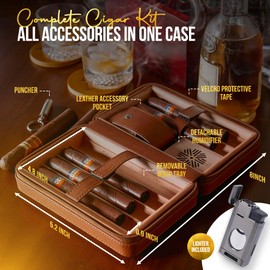 Prime Picks Humidor - Leather Travel Humidor Case - Includes Removable Humidifier, Cedar Tray, Puncher & Torch Lighter with Cutter - Humidor Kit Set for Men, Gifts For Elegant Men