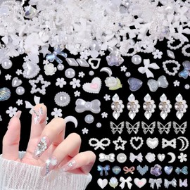 600 Pcs 3D Nail Charms and Chunky Butterfly Charm, 3D Petal Flower Beads Nail Gem, White Mix Styles Pearls Star Heart Flowers Bows Moon Acrylic Nails Art Charms Embellishments for Nails Art