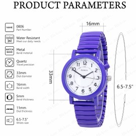 Blekon Women's Analog Watch with Light Up Dial, 33mm Metal Case, Push Button, Glossy Expansion Band, Purple