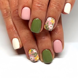 BFY Flower Press on Nails Short Square Fake Nails, Cartoon Flowers Green Acrylic Nails Tip, Spring Summer Glossy Gel False Nails Kits Natural Fit Stick on Nails Glue 24Pcs