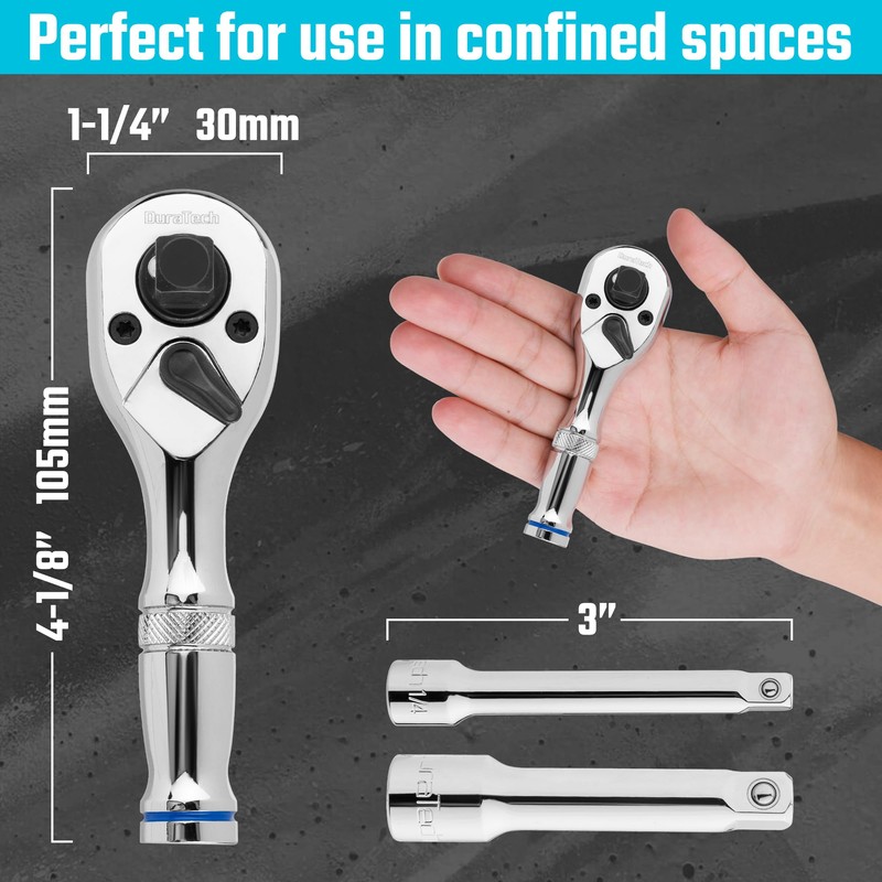 DURATECH Stubby Ratchet Set, 3-IN-1 Ratchet Handle, with 2 Extension