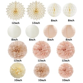 Champagne-Gold Beige-Peach Boho Party-Decorations Streamers - 14pcs Fall Neutral Baby Shower Rustic Bohemian Wedding Paper Honeycomb Lanterns Fan,Birthday Bachelorette Bridal Decor Lasting Surprise