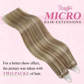 YoungSee Micro Ring Hair Extensions Highlight Micro Human Hair Extensions Brown Highlight Micro Bead Human Hair Extensions for women 16Inch 50s/50g Pre Bonded Hair Extensions Natural