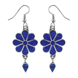Beautiful Handmade Compressed Lapis Lazuli Gemstone Inlay Flower shape Fashion Drop Earrings for Women 925 Silver Plated Ethnic Gypsy Boho Earring Jewellery