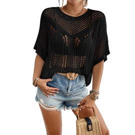 Bsubseach Women Crochet Top Short Sleeve Swimsuit Coverup Summer Hollow Out Knit Tops Beach Cover Up Black M