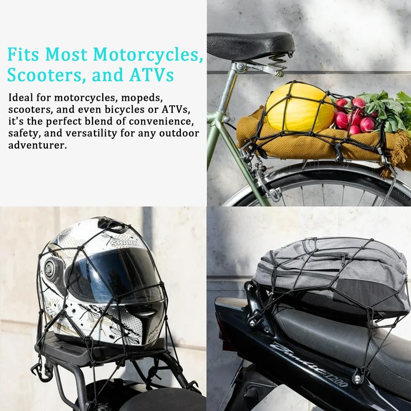 2PCS Motorcycle Cargo Net, Durable Motorcycle Luggage Straps with Hooks,