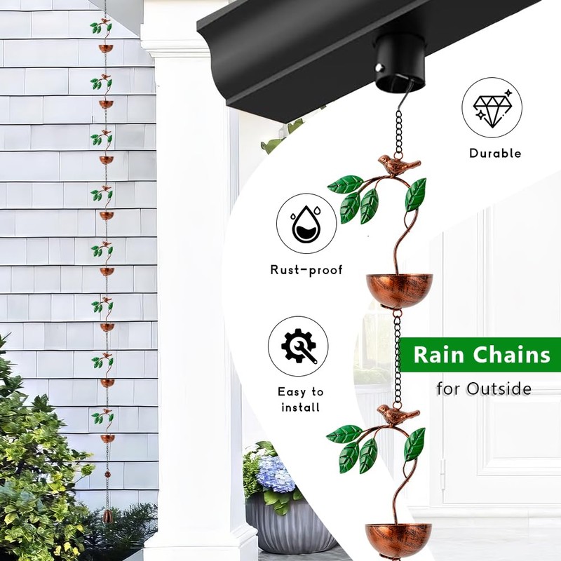 dreamysoul Rain Chains for Outside, Leaves and Bird Decorative Rain