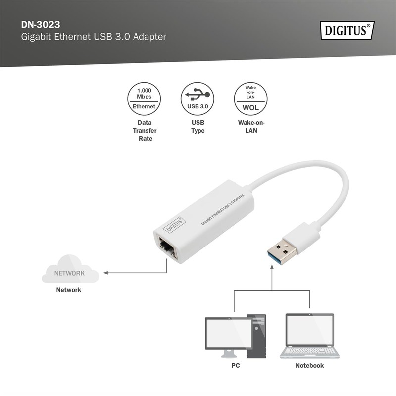 DIGITUS DN-3023 Netzwerk-Adapter über USB 3 - Gigabit-Ethernet 1 GBit/s