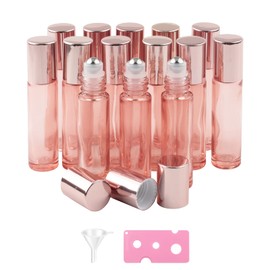 14 Pieces 10m Gold Essential Oil Roller Bottles Set with Stainless Steel Balls, Transparent/Pink