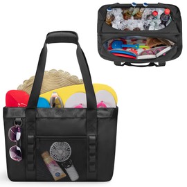 Yarwo Large Beach Bag with Insulated Cooler Section, XL Beach Vacation Tote with Wet Dry Pockets & Luggage Strap, Waterproof Sandproof Carry On Bag for Swim, Sands, Pool, Gym, Yoga, Camp, Black