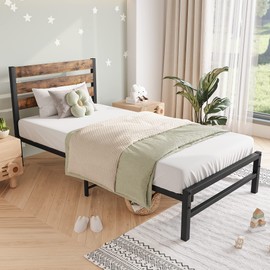 SPOFLYINN Platform Bed Frame with Rustic Vintage Wood Headboard No Box Spring Needed Metal Slats Support Mattress Foundation Noise-Fre