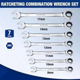 WORKPRO Ratcheting Combination Wrench Sets 7PCS Metric 8mm-17mm w/Organizer Rack