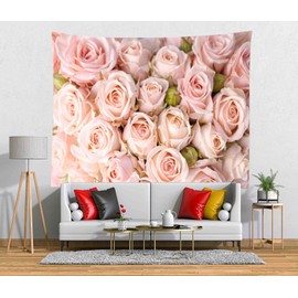 Loccor 5x3ft Fabric Flowers Backdrop Photography Backdrop Pink Rose Wall Art for Women Girls Living Room Dorm Apartment Home Baby's Room Wall Covering College Bedroom Aesthetic Wall Hanging Curtain