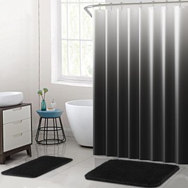 XLHOMO Black Bathroom Sets with Ombre Shower Curtain and Rugs, Waterproof Black Gradient Shower Curtain with Hooks, 2 Pack Non Slip Fluffy Bath Mats with Strong Absorbent for Bathroom Floor & Sink