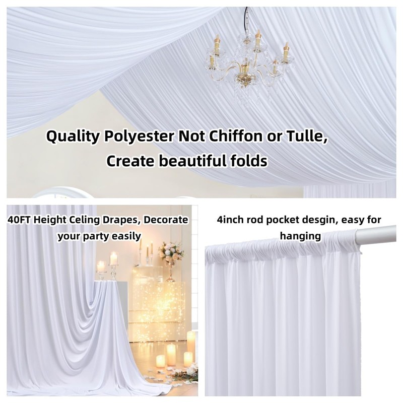 10ftx40ft White Backdrop Ceiling Drapes,2Panels 40ft Height Wrinkle Free Tent