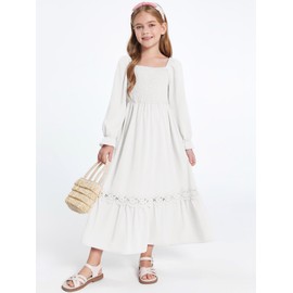 Haloumoning Girls Boho Summer Dresses Long Sleeve Square Neck Smocked Beach Dress Flowy A-line Maxi Dress 4-14 Years, White, 5-6 Years