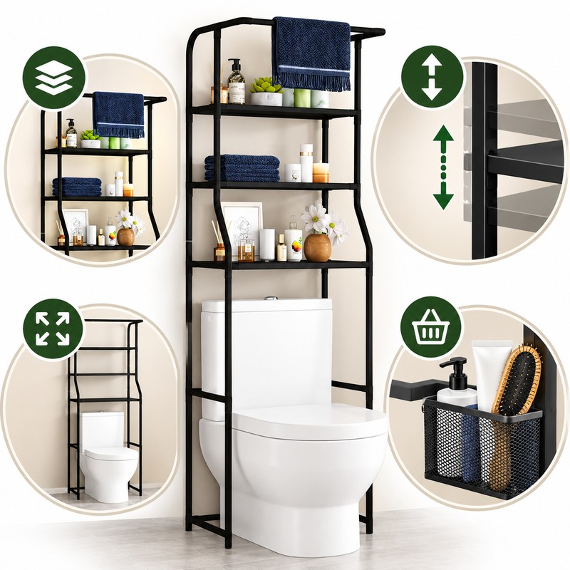 4-Tier Over Toilet Storage Rack with Basket – Freestanding Black