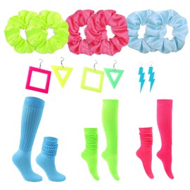 18PCS 80s Costume Accessories for Women,Neon Scrunch High Socks,Neon Hair Scrunchies & Earrings for 80s 90s Party Outfits Costume