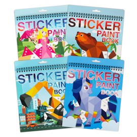 4 Pack Sticker Books for Kids Ages 4-8, Crafts for Kids Ages 4-8 Sticker Paint Books Boys and Girls Birthday Gifts Party Favor, Travel Toys for Toddlers Learning (Princess+Animal+Horse+Vehicle)
