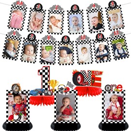 Race Car 1st Birthday Party Decorations, Race Car 12 Monthly Milestone Photo Banner Baby First Year Down Cartoon Race Car Theme Photo Table Centerpiece for Race Car First Theme Party