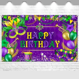 Avezano Mardi Gras Birthday Party Decorations Mardi Gras Birthday Backdrop Carnival Masquerade Birthday Banner Booth Backdrop for Mardi Gras Party Supplies 70.8x43.3 inch