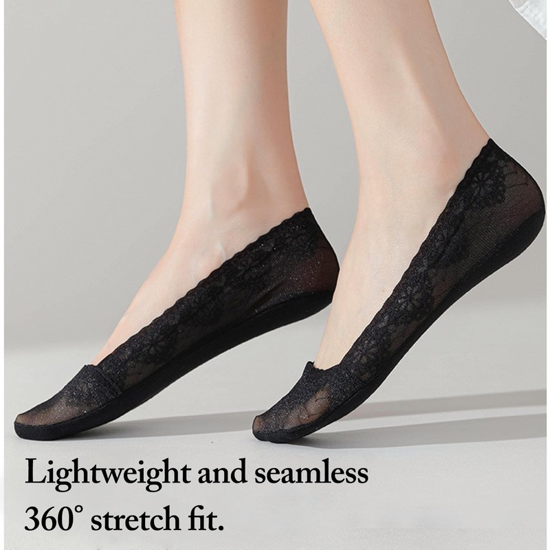 Women’s Lace Invisible Socks - 6-Pairs Cotton Breathable Anti-Slip Boat