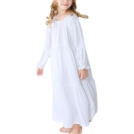 Children's Nightdress Girls White Long Sleeve Cotton Princess Vintage Sleepwear Pyjamas for 90-150 cm, White
