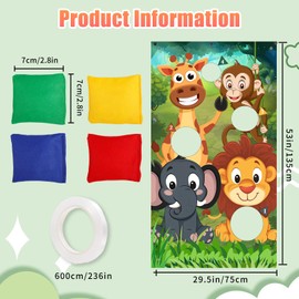 Jeffbaubl Animals Toss Game Banner with 8 Bean Bags,Wild Animals Throwing Game,Bean Bag Toss Games Outdoor Games Set for Yard Lawn Game Photo Background Jungle Animals Theme Party Supplies
