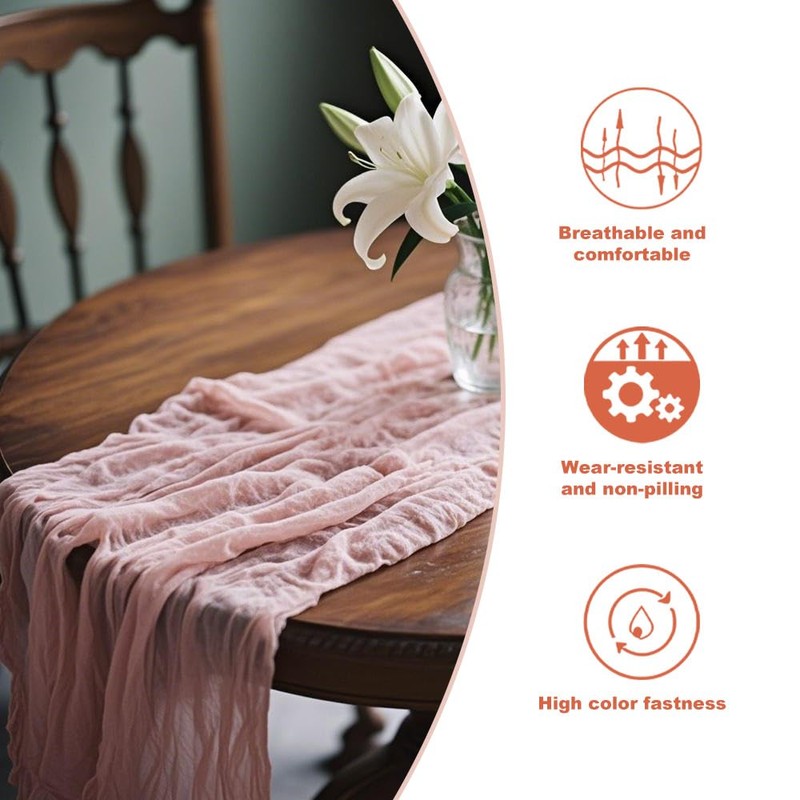 2 PCS Pink Cheesecloth Table Runners, 90x300 cm Boho Dusty