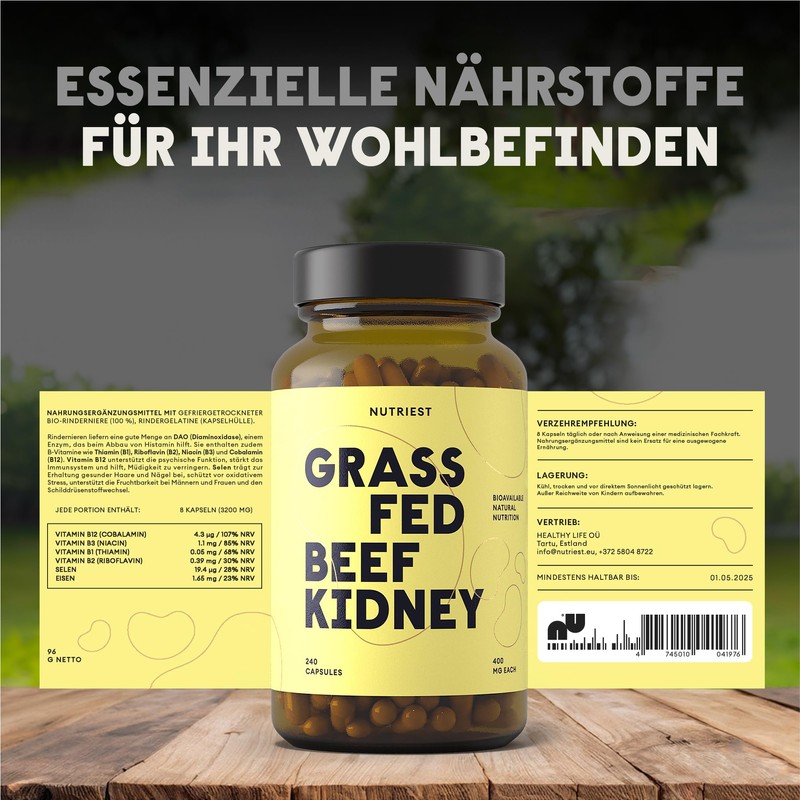 Grass Food Dried Cattle Kidney - 270 Capsules, Organically Certified