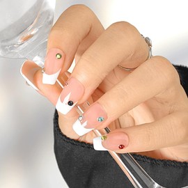 Sethexy French Pink Rhinestone Nails Press On Medium Coffin Natural Shiny Fake Nail White Tip Handmade False Nails Salon Durable Quality Nail for Women and Girls (J)