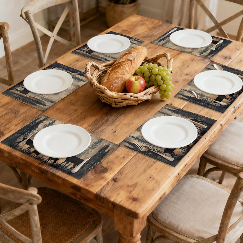 Rustic Deer Forest Table Placemats Set of 6, Linen Placemats
