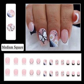 BAOYAALIN Press on Nails Medium Square French Fake Nails with Exquisite Butterfly Flower Design, Press ons Artificial Acrylic Full Cover False Stick on Nail for Women Girls Daily Wear Wedding 24Pcs