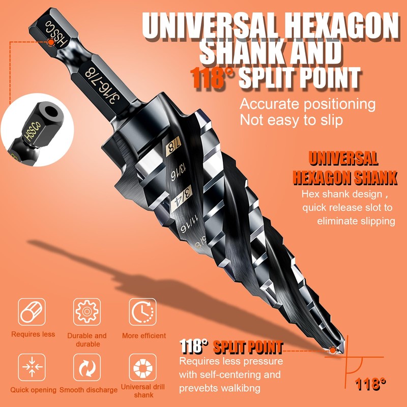 Four Spiral Flute Step Drill Bit for Metal,M35 Cobalt Unibit