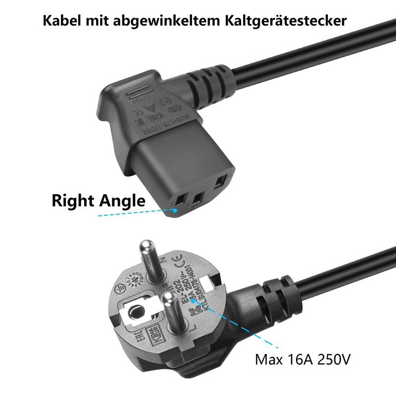 GELRHONR 1.5 m 3 Pin IEC Cable, 90 Degree CEE
