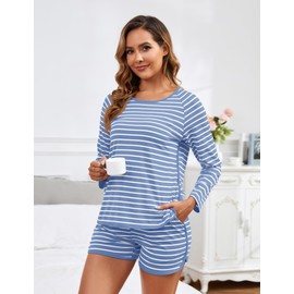 Namatime Cotton Pajama Sets for Women Soft 2 Piece Stripe Lounge Set Long Sleeve Shorts Pj Set Loungewear Sleepwear with Pockets Comfy Sleep Set 2025 Fall Winter Dusty Blue Wide Stripe Small