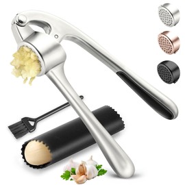 Kitchen Garlic Press Stainless Steel, Premium Rust Proof & Dishwasher Safe Garlic Mincer, Durable Garlic Crusher Set with Peeler＆Brush, Easy to Clean and Squeeze, Matte